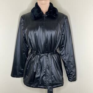 90s Basic Editions Rain Jacket Medium Womens Faux Fur Collar Belted Full Zip Vtg